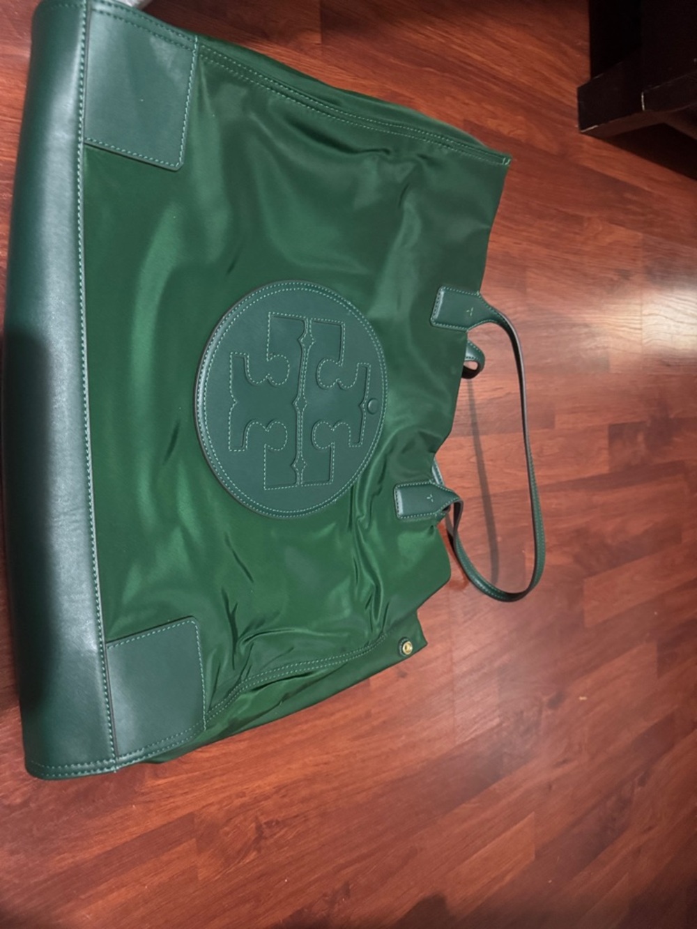 Tory Burch Forest Green Nylon Tote with Leather Trim